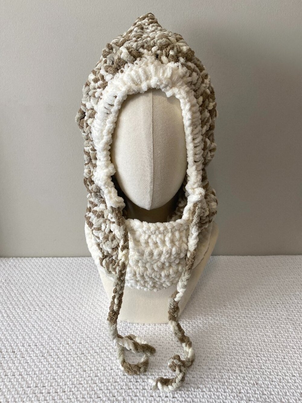 Handmade Crochet White Light Browns Chunky Balaclava Hood